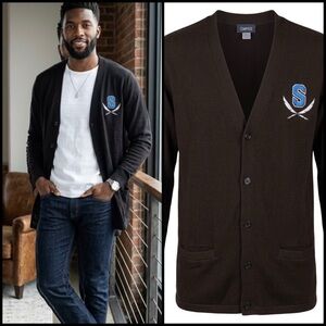 Compass Varsity Black Embroidered Knit Preppy Academia Cardigan Blue S Crest 2XL